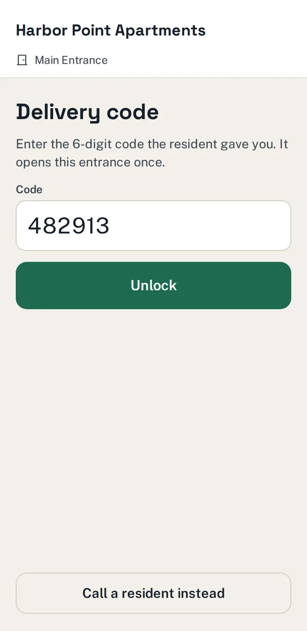 The driver's phone showing the delivery code screen