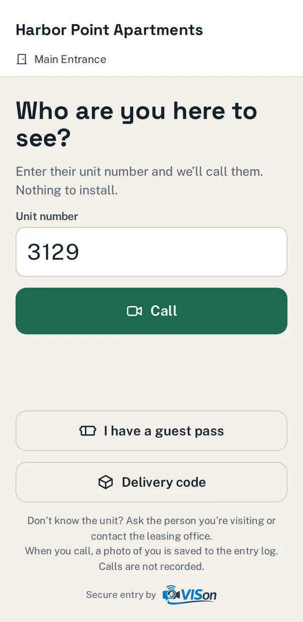 The guest's phone showing the unit number screen and a Call button