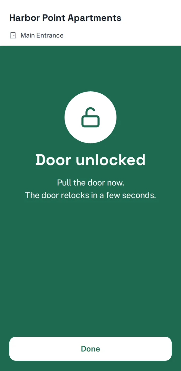 The guest's phone showing Door unlocked
